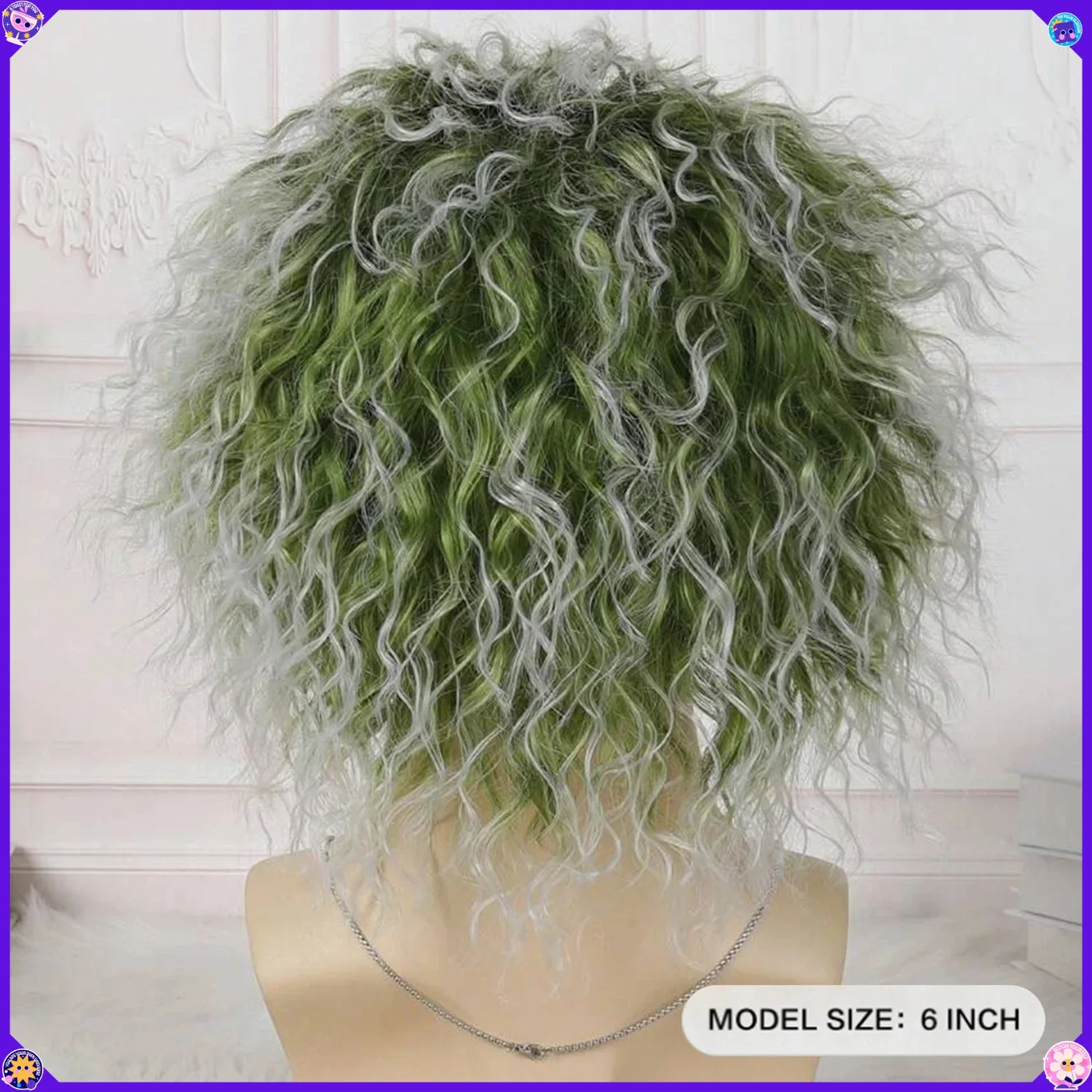 Synthetic Green Short Wavy Cosplay Wig for Men with Makeup Set Halloween Costume Party Mi-ku Inspired Fiber Hair Anime Prop