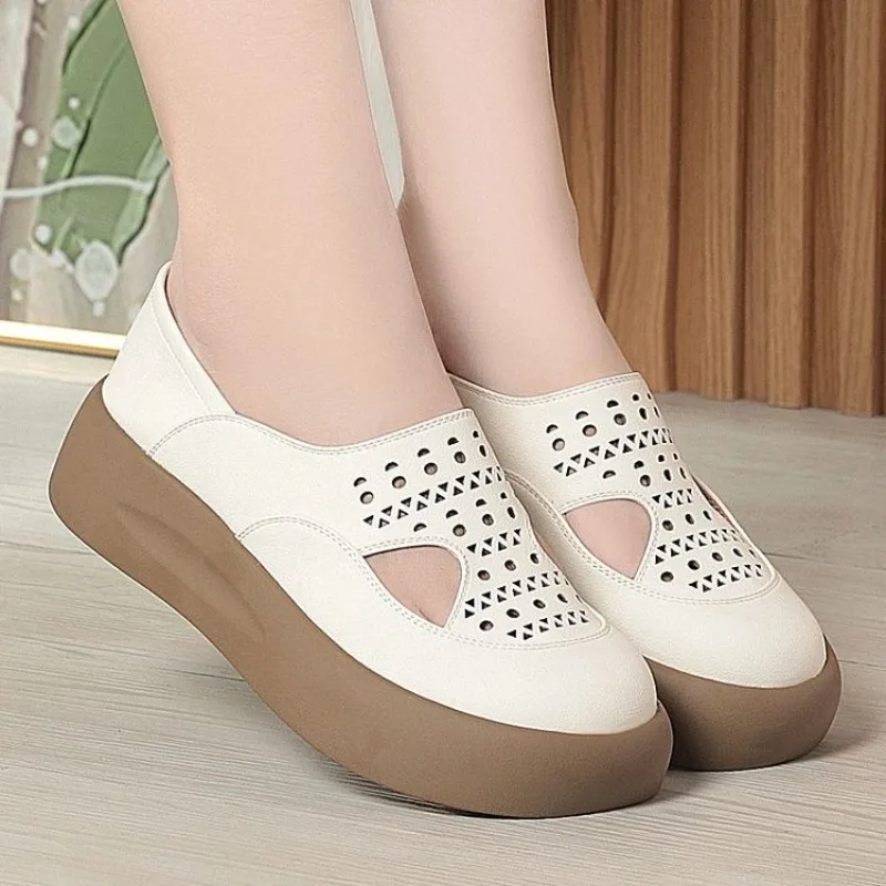 Women Hollow Cutout Platform Slip On Shoes Two Ways Wear Wedge Casual Sandals Breathable Summer Outdoor Ladies Walking Shoes