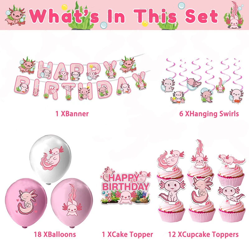 1 Set Pink Salamander Theme Hexagonal Dinosaur Sprout Series Baby Birthday Cake Insert Pull Flag Banner Balloon Set Shower Gift