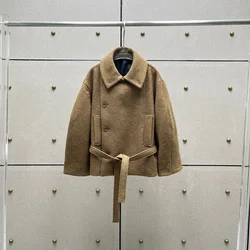 Wool Blend Women Jacket Y2k Belt Corset Slim Retro Elegant Double Breasted Tweed Jacket Tops 2024 Autumn and Winter New