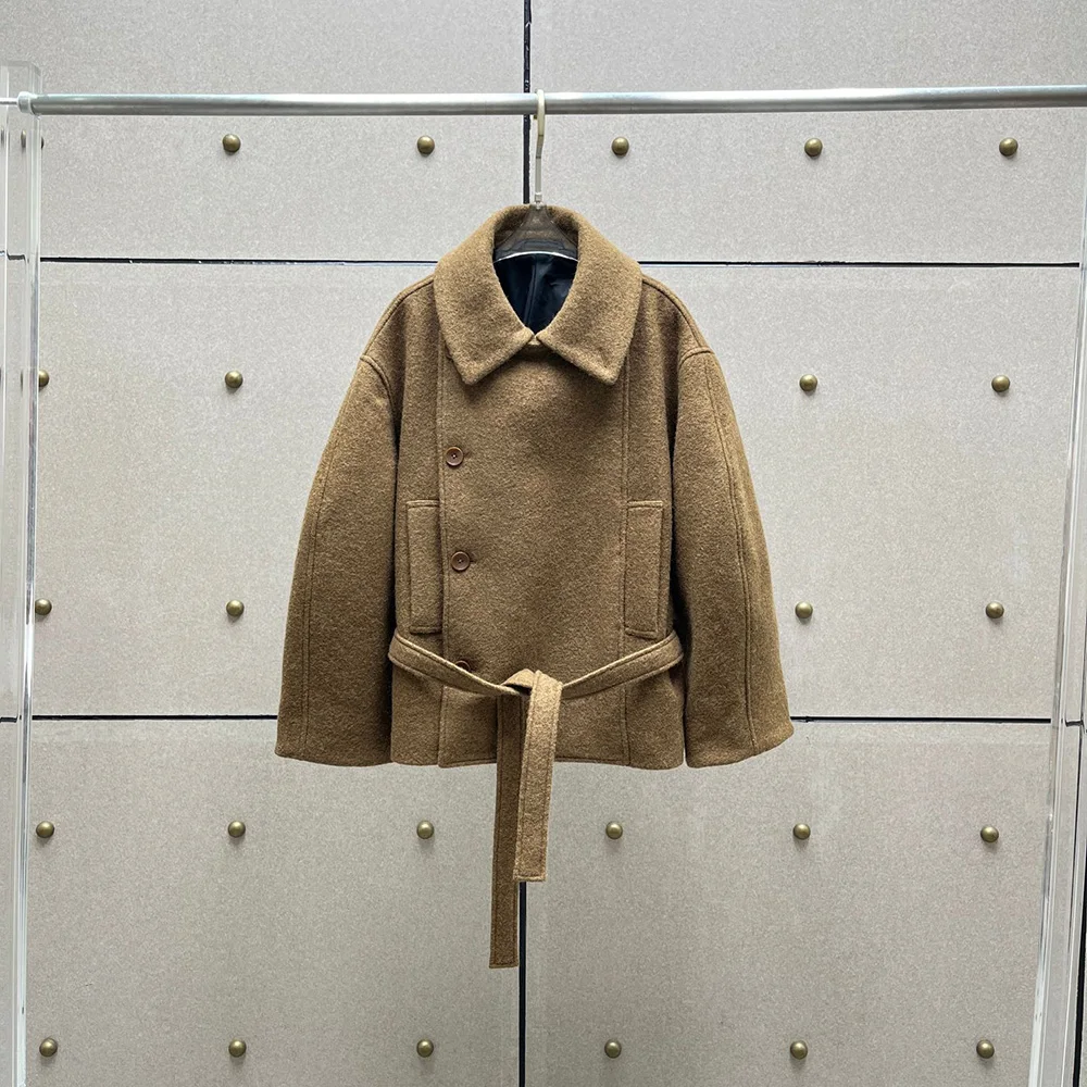 Wool Blend Women Jacket Y2k Belt Corset Slim Retro Elegant Double Breasted Tweed Jacket Tops 2024 Autumn and Winter New