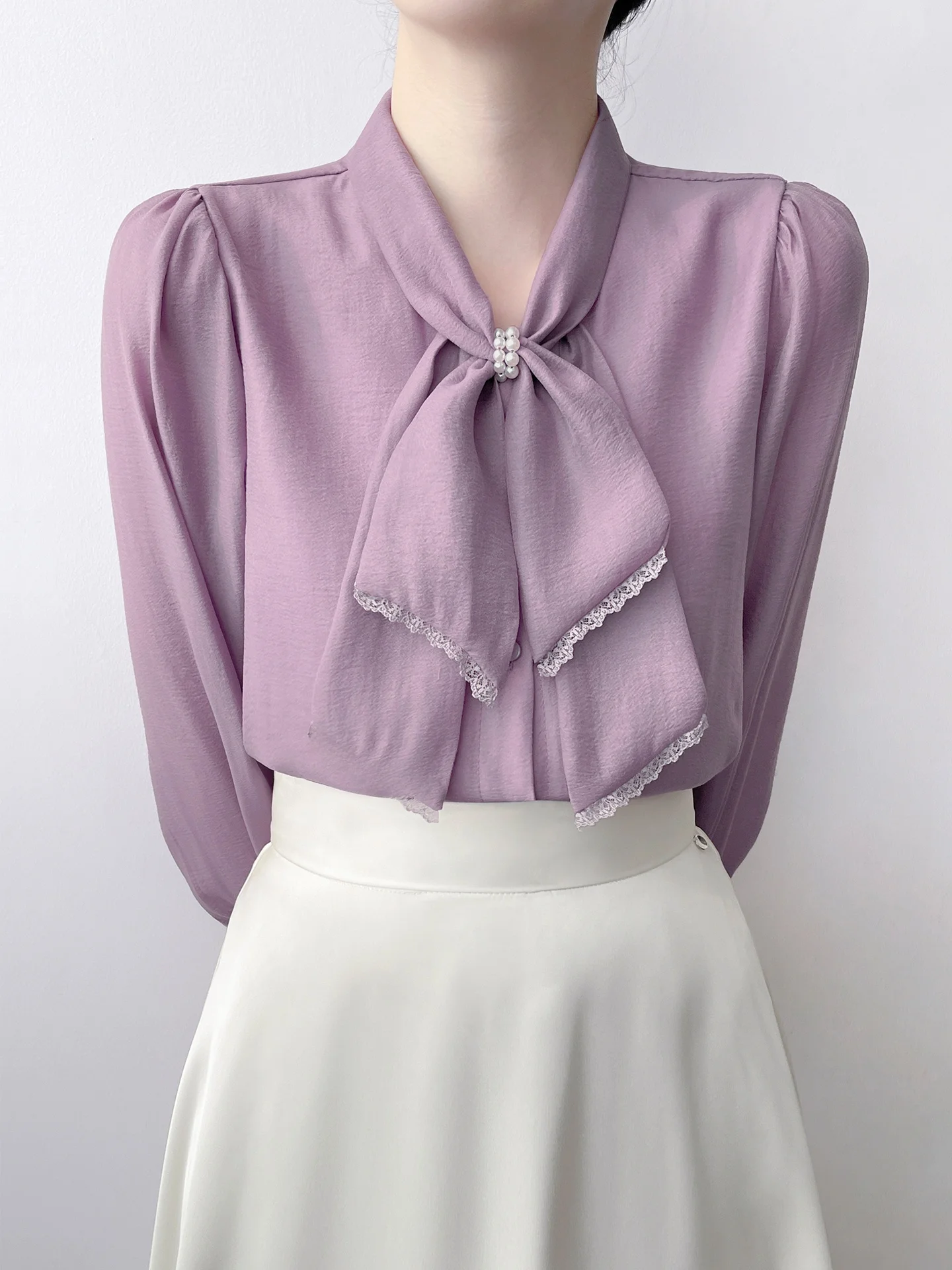 

Korean Sle Romantic Purple Knot Sa Chiffon Women's irt Luxury Youthful Top Breathable Long Sve Commute Wear