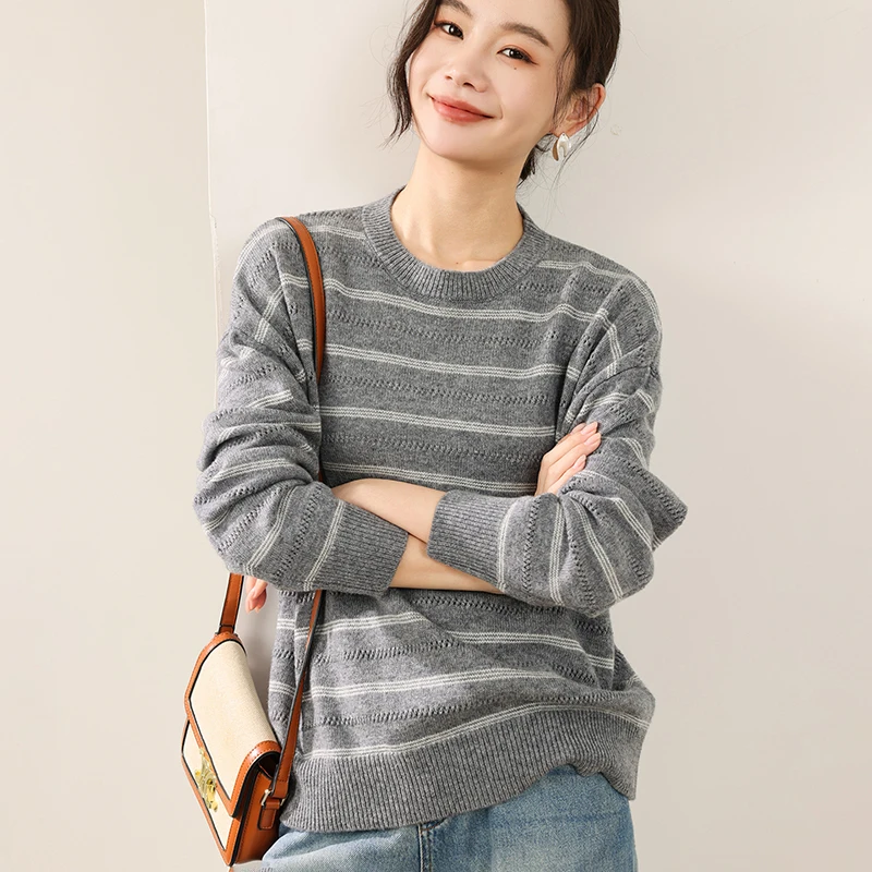 

Женский осенне-зимний новый вязаный однотонный топ из 100% чистой шерсти с круглым вырезом, свободный и модный топ в Корейском стиле