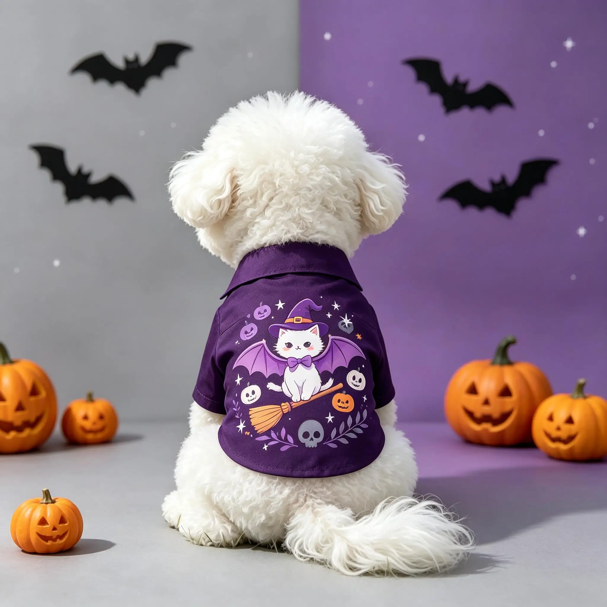 Pet Dog Shirt Black Bat Cat Witch Hat Print Lightweight Button Up for Small Medium Dogs Halloween Party Daily Wear