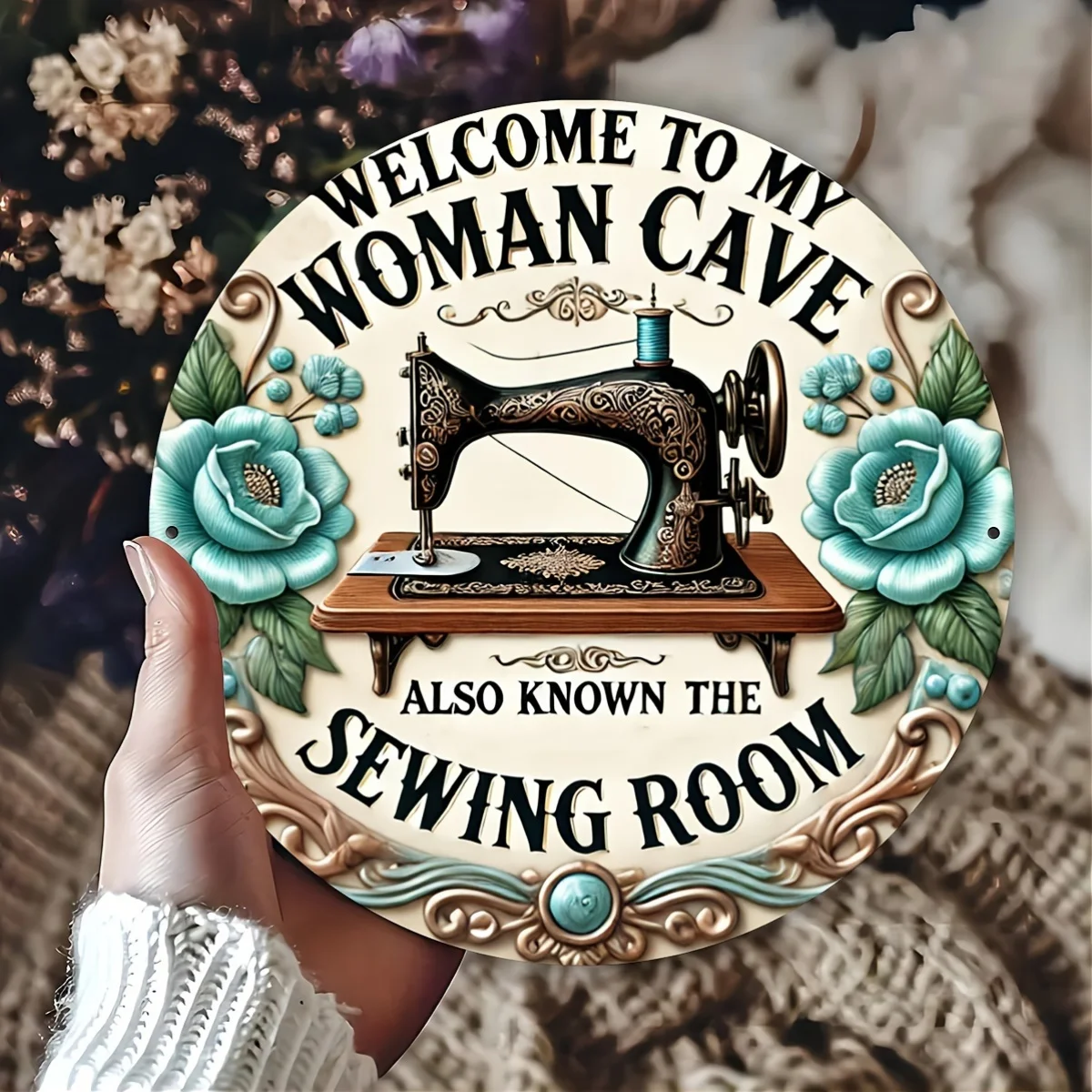 Vintage Sewing Room Decor - Welcome to My Woman Cave Metal Sign - Floral Sewing Machine Wall Art, Teal, Golden Retro Decoration