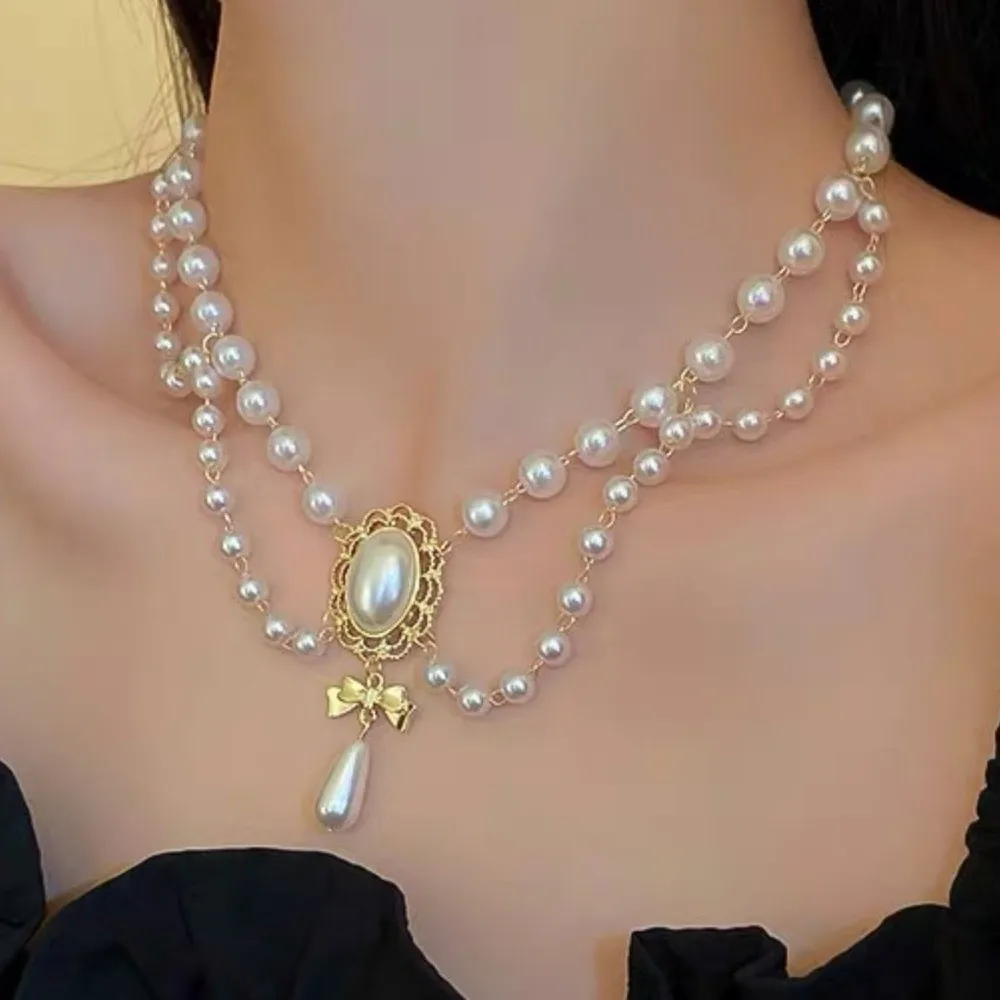 Double Layer Baroque Pearl Choker Bowknot Pendant Palace Style Imitation Pearl Beaded Bridal Jewelry Accessories for Women