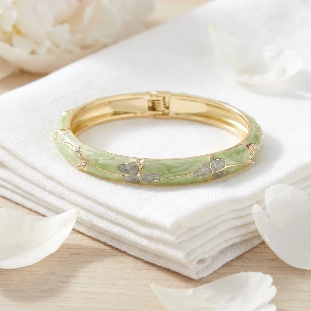 Good Luck Clover Vintage Cloisonne Bangle Traditional Enamel Floral Flower Crystal Bangle Ethnic Chinese Women's Hand Bracelet