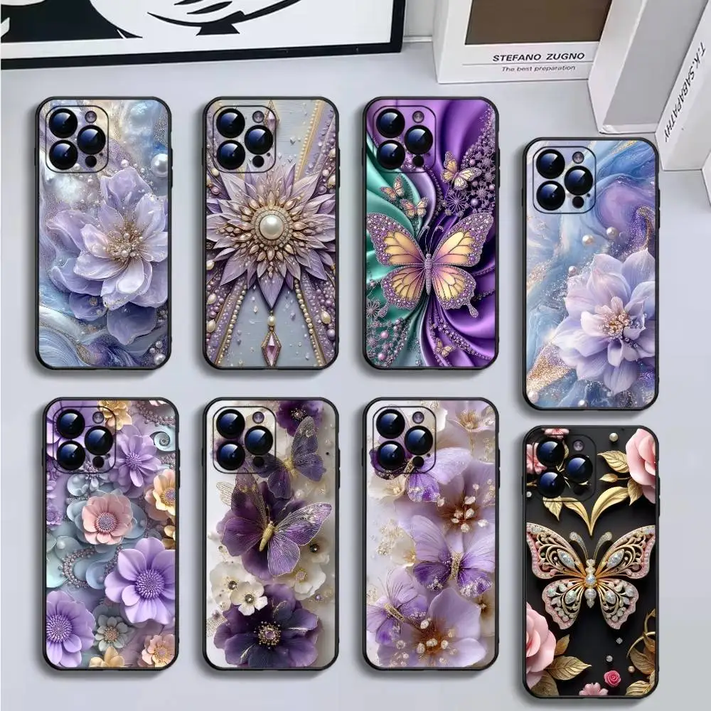 

Luxurious butterfly and floral print Phone Case For iPhone16,15,14,13,12,11 Plus,Pro Max,XS,X,XR,SE,Mini,8,7,Soft Black Cover