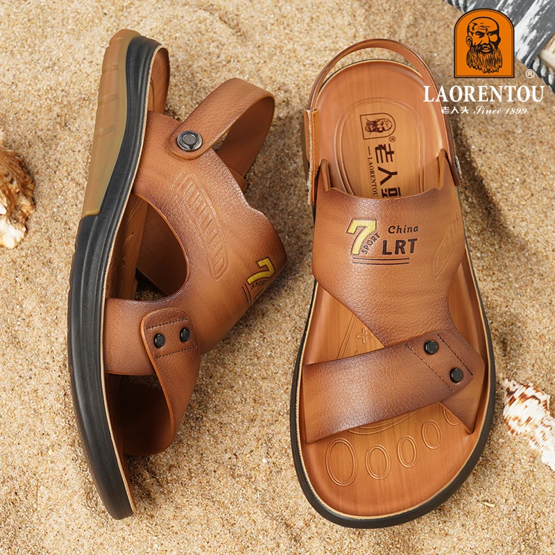 LAORENTOU cowhide summer casual beach shoes, men's leather thick sole, non slip, dad sandals and slippers, dual-purpose 2T727
