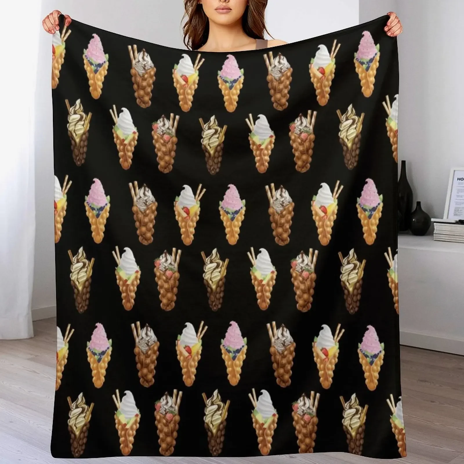 

Assorted Flavors Of Egg Bubble Waffle With Ice Cream Throw Blanket Decorative Throw Thins Furry Bed Fashionable Blankets