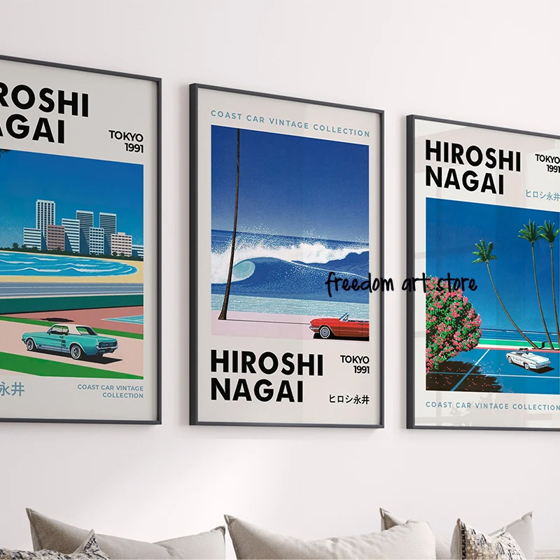 Vintage Japanese 80s Hiroshi Nagai Illustrations Vaporwave Beach Art Posters Canvas Painting Wall Prints Picture Room Home Decor