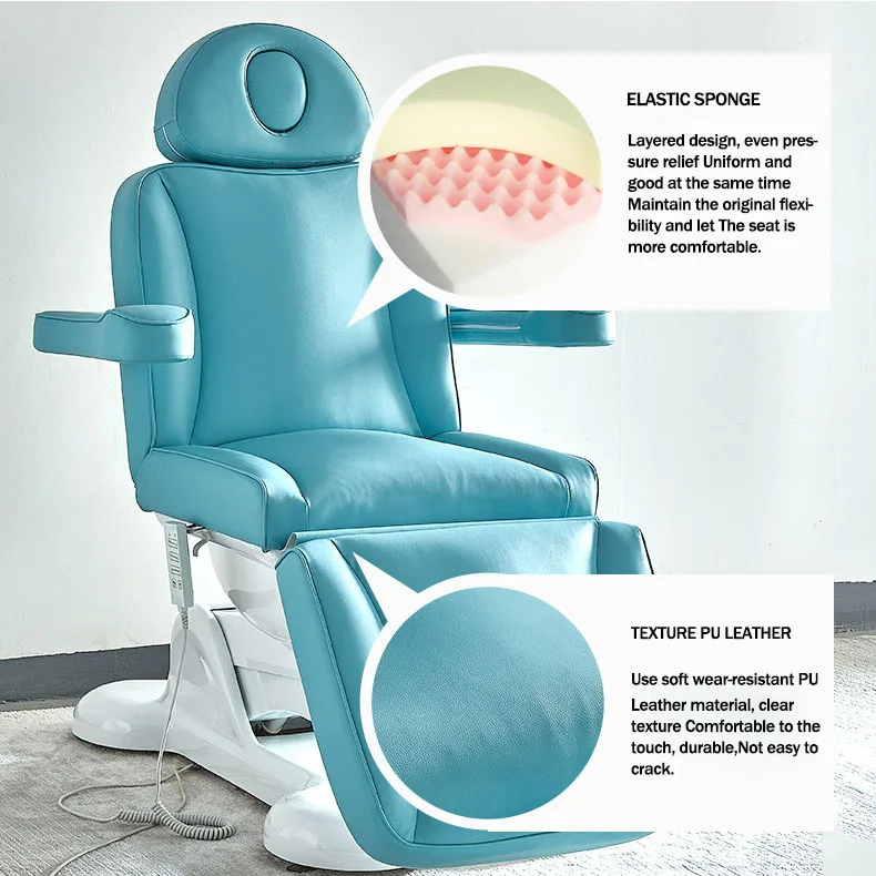 3 motor electric folding chair for facial/tattoo/dental/massage/spa, high elasticity and high comfort leather material