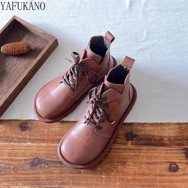 Genuine Leather Women Boots Mori Girl Literary Retro Lace-up Ankle Boots Original Handmade Soft Sole Comfort Flat Short Boots