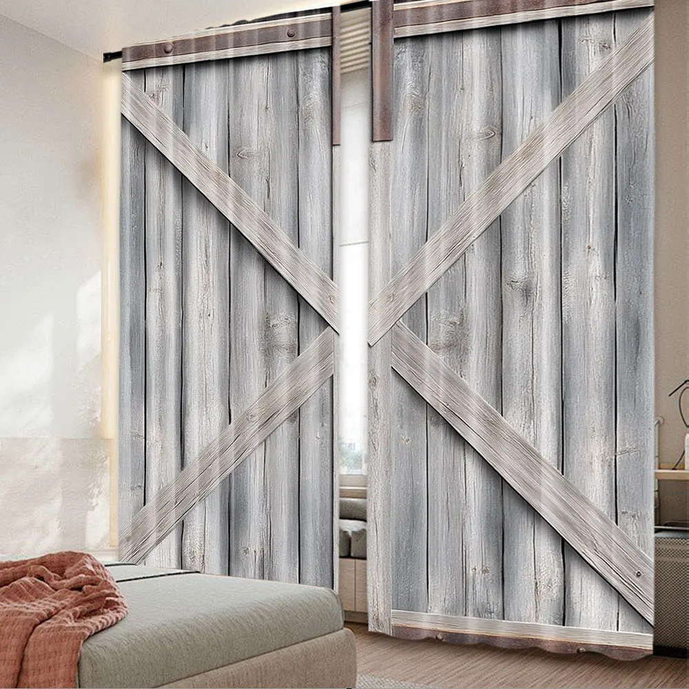 2Pcs Rustic Wooden Barn Door Western Country Theme Curtain Vintage Rural Farm House Window Curtains Modern Simplistic Drapes A