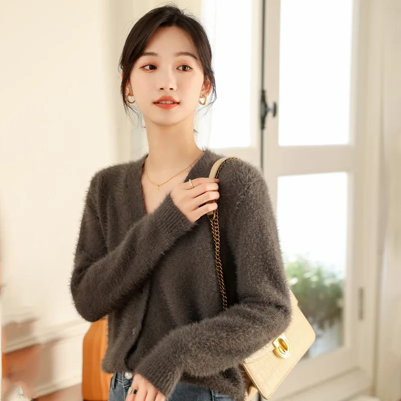 Long Haired Imitation Mink Fur Knitted Cardigan Spring And Autumn, Wom's New Thick Korean Version V-Neck Short Sweater For