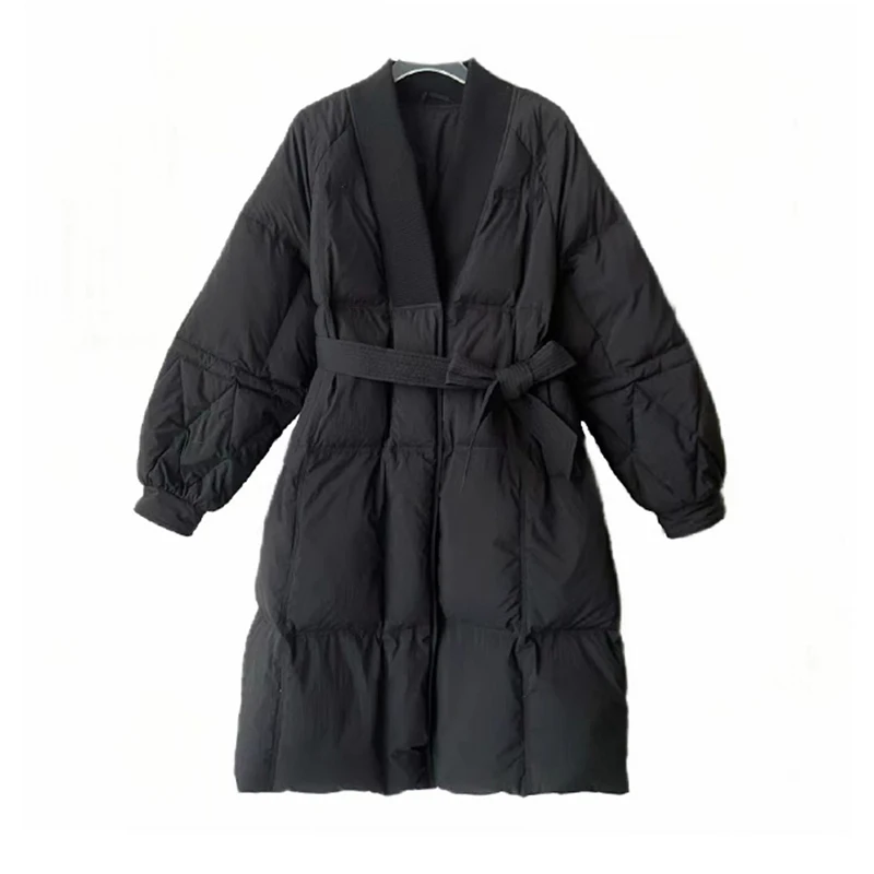 

Зимний длинный пуховик на шнуровке с большим v-образным вырезом, женские утепленные свободные верхняя одежда, женские куртки до колена на белом утином пуху Parker