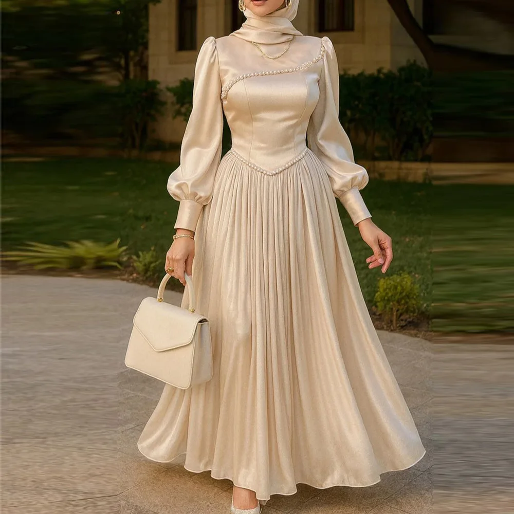 

Индивидуальные вечерние платья с жемчугом для элегантных мусульманок, А-силуэт, драпированные, с высоким воротом, роскошные, для вечеринок, в стиле Саудовской Аравии, выпускные платья 2026