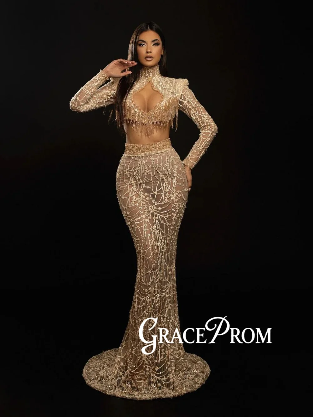 

Golden Tassel Illusion Evening Dress Luxury Beaded Appliques Wedding Party Gown New Customized Mermaid Long Red Carpet Gowns