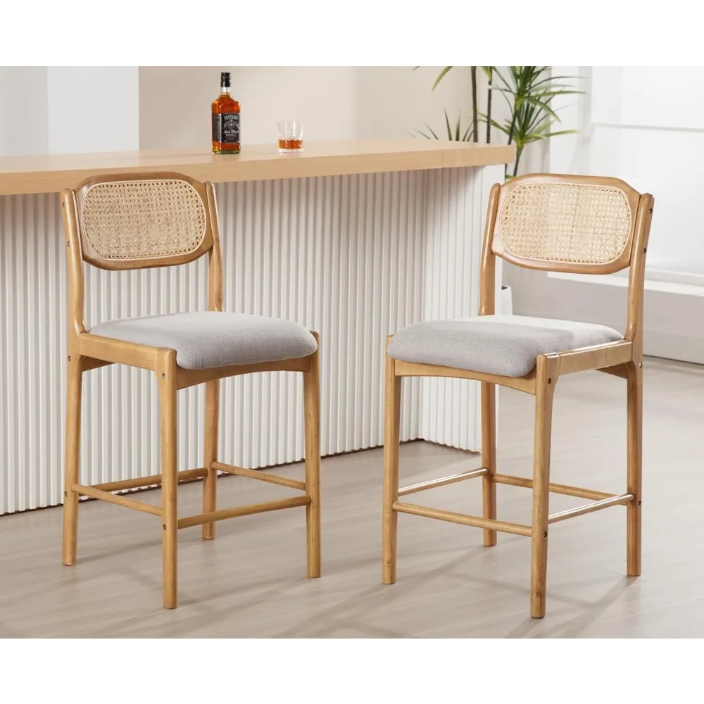 Rattan Counter Height Bar Stools Set of 4 Farmhouse Mid Century Modern Barstools with Cane Back/Wood Legs Linen Upholstered Bar