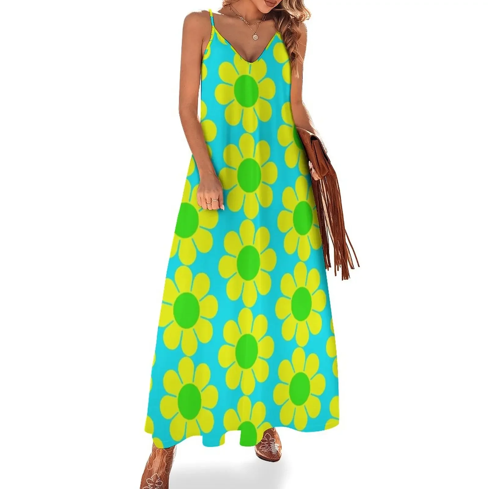 

Yellow Green Hippy Flower Daisy Sleeveless Dress long sleeve dresses Long dress cocktail dresses