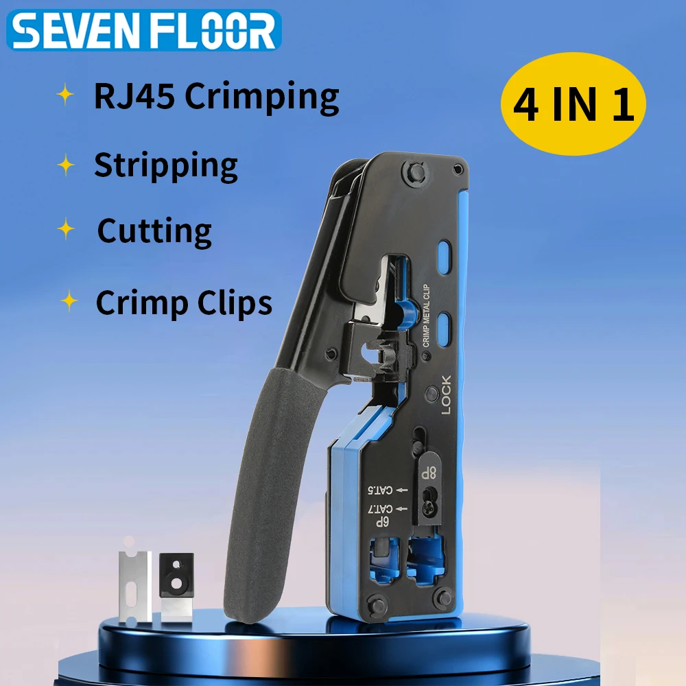 RJ45 Pass Through Crimp Tool Kit for Cat7/6a/6/5e Ethernet Cable with Cut/Strip Multi-function Crimper with Spare Blades