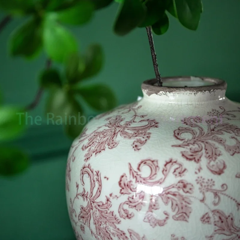 Chinese ancient style rich flower three-color small mouth crack ceramic vase, entrance living room dining room decoration