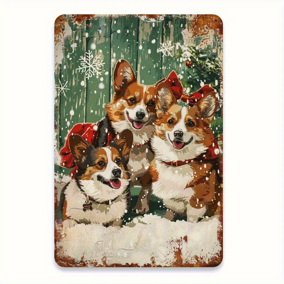 Vintage Christmas Corgi Dogs Metal Tin Sign -  Durable Tin Wall Art with Snowflakes & Red Bows, Easy to Hang Indoor/Outdoor Deco