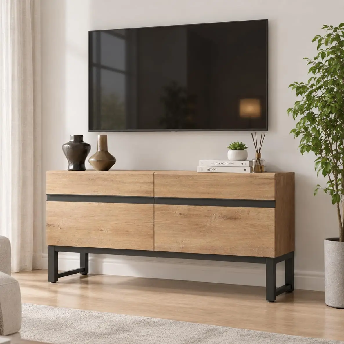 Modern TV Stand Entertainment Center Metal Base Storage for 26-40 Inch TVs Living Room Oak, Customized