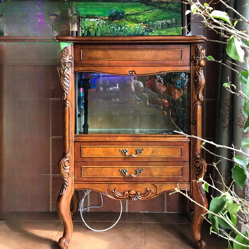 Solid wood fish tank aquarium household high-end retro carved living room floor ecological fish tank cabinet