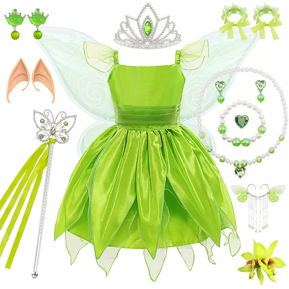 Kids Cosplay Princess Dress Green TinkerBell Costume Carnival Party Christmas Halloween Girls Clothes Baby Fancy Elves Outfit