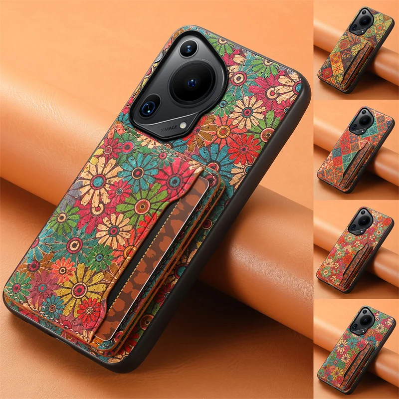 Flower Figure Leather Magnetic Wallet Phone Case For Huawei Pura 70 70Pro P60 Mate 60 50 40 30 Pro Nova 12 11 Holder Back Cover