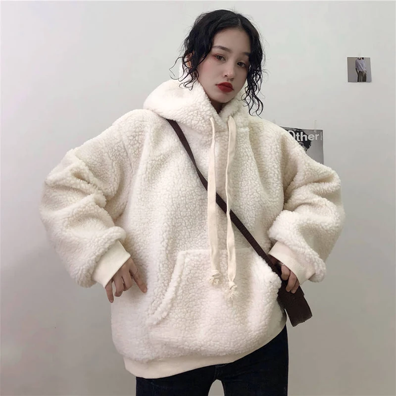 

Women Winter Lamb Wool Velvet Pullover Pure Color Plus Velvet Thickening Casual Loose Lantern Sleeve Women's Hoodie Clothing