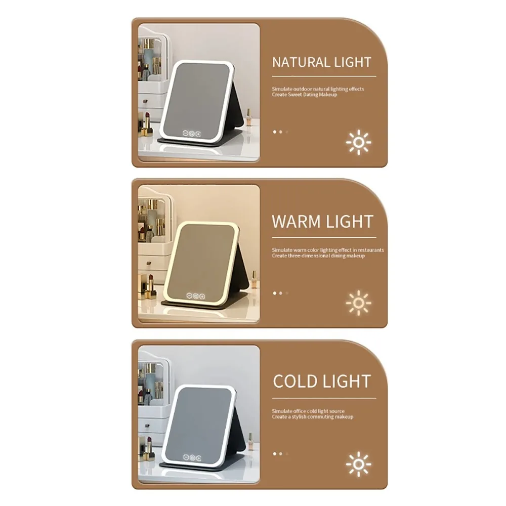 

3 Colors LED Vanity Mirror with Touch Screen USB Rechargeable Dimming Makeup Mirror 3 Brightness Portable Fold Mirror Tabletop