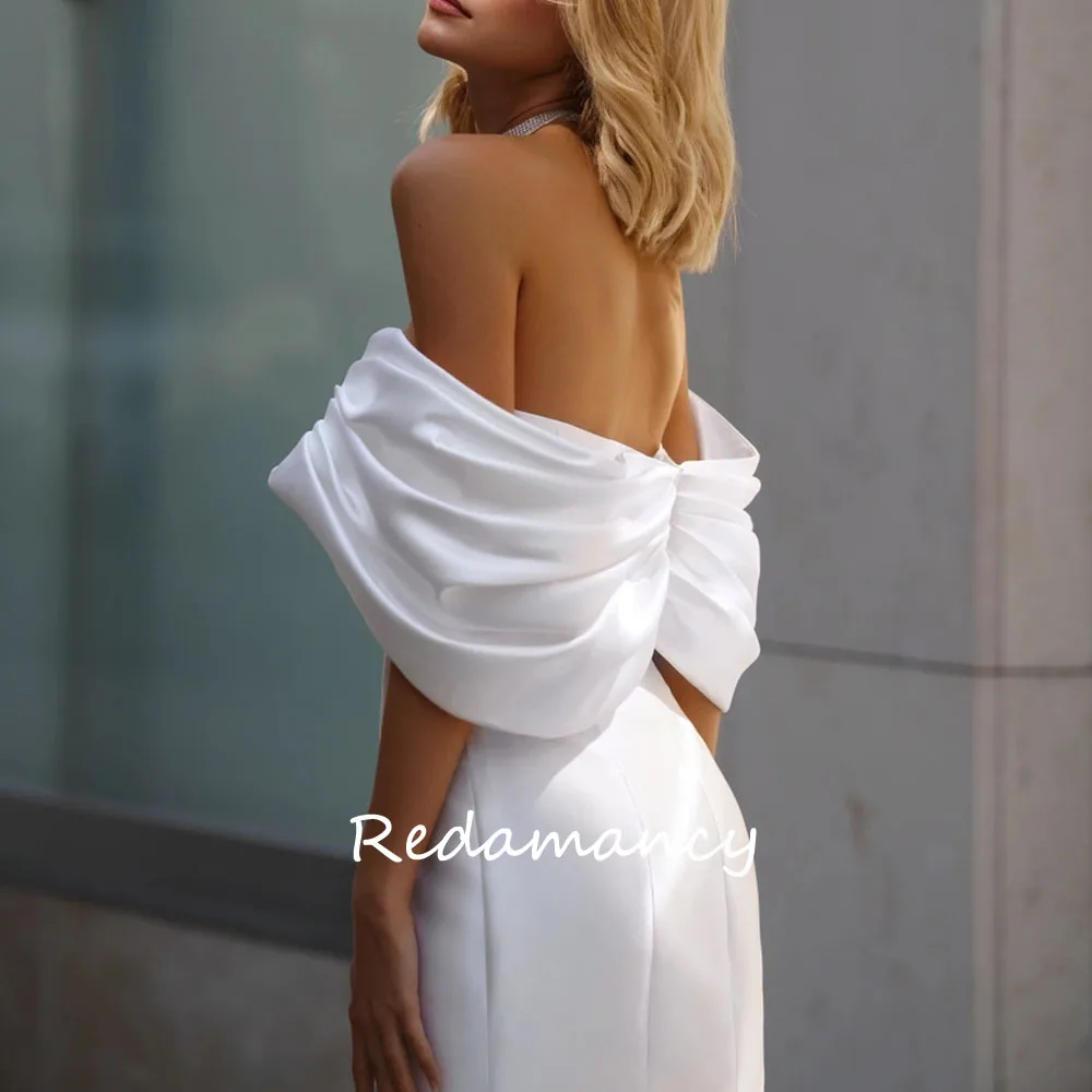 Redamancy Simple Off the Shoulder Satin Mermaid Wedding Dresses Side Split Short Sleeve vestidos de novia Bridal Gown 웨딩드레스