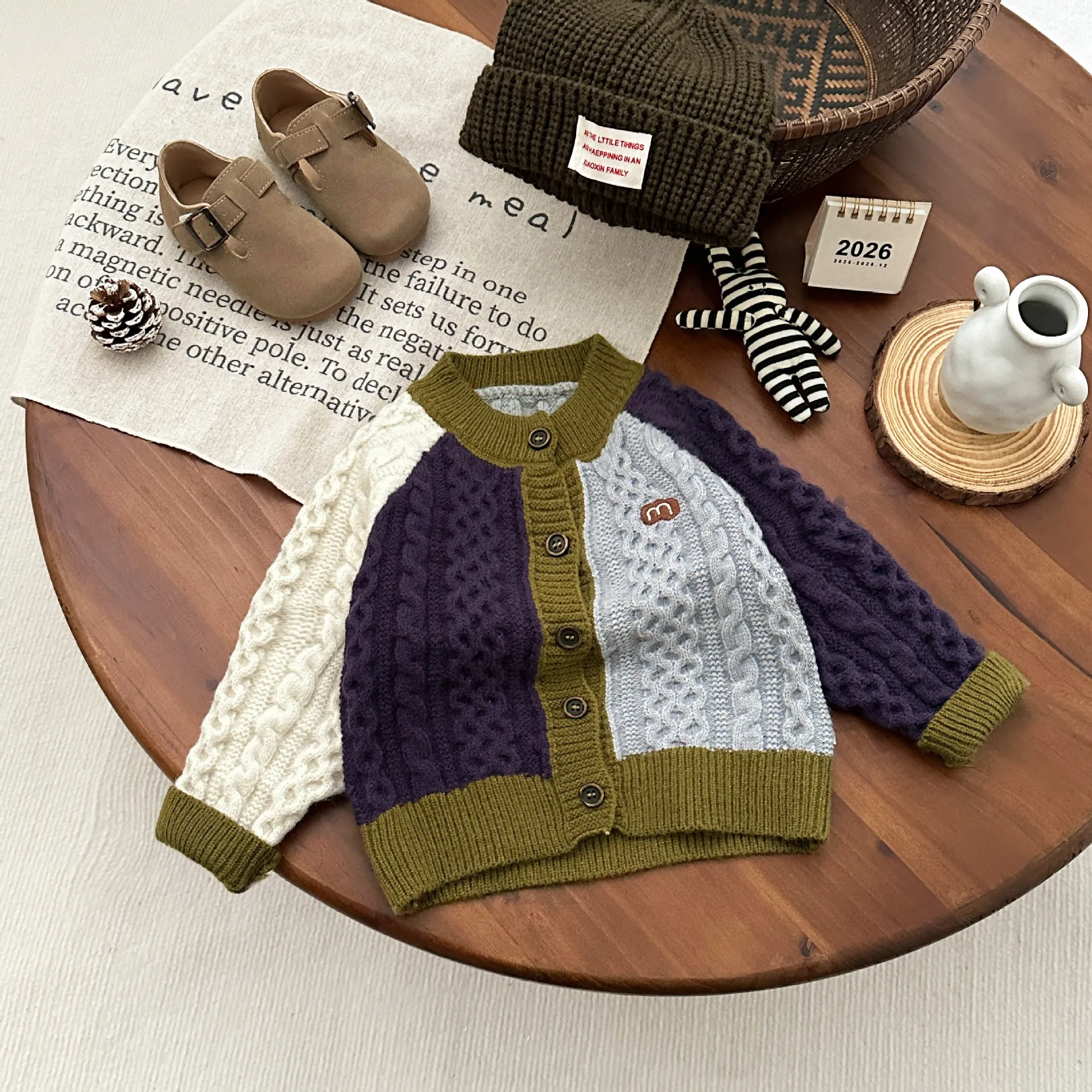 Korean Children's Spring New Sweater 2026 Spring Children's Contrast Color Fried Dough Twists Knitting Cardigan Versatile Coat