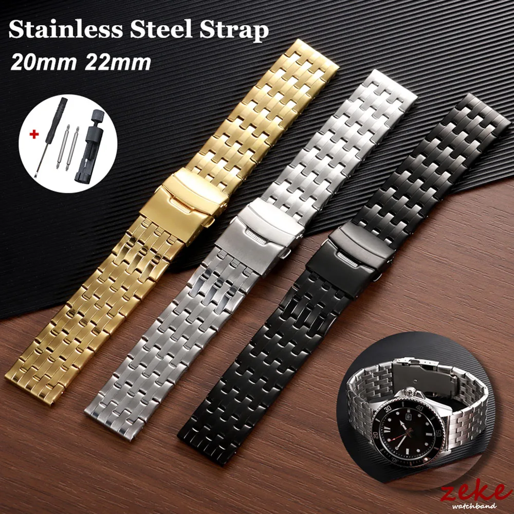 

20/20mm Stainless Steel Bracelet Folding Buckle Watch Strap Gold Black Silver Metal Watchband Men's Waterproof Sport Wrist Belt