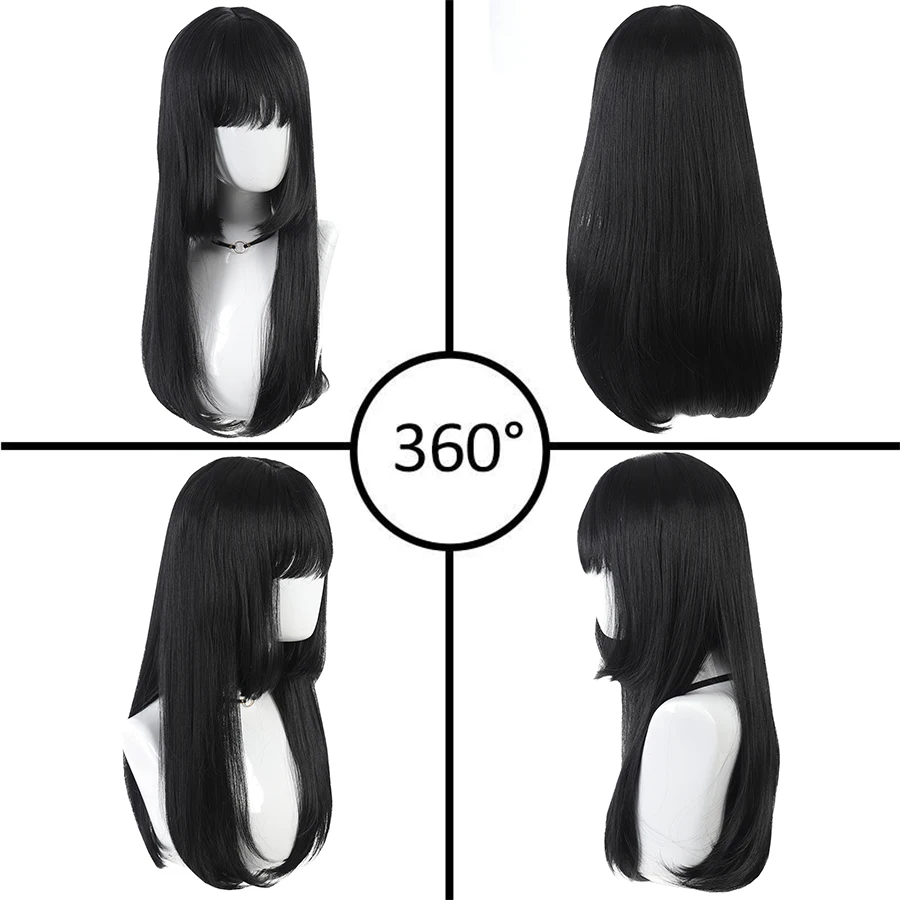 شعر مستعار أسود اصطناعي طويل مستقيم طبيعي مع الانفجارات لوليتا شعر مستعار تأثيري للنساء ألياف مقاومة للحرارة شعر مستعار للحفلات اليومية فام #4