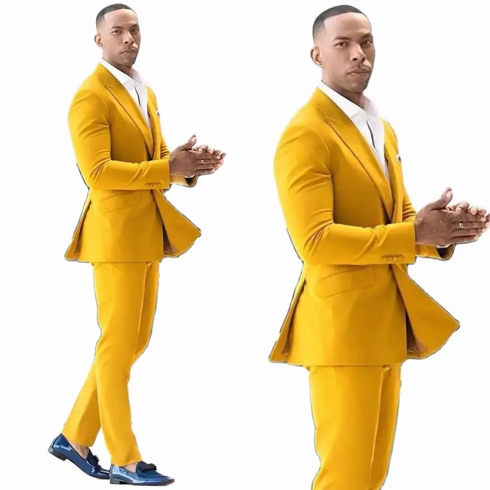 Yellow Soild Mens Suit Hot Selling Blazer SetsOne Button Groom Wedding Prom Party Dinner Tuxedos Custom Made 2 Pieces