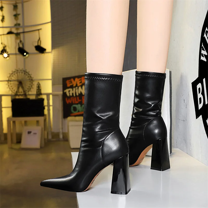 Fashion Simple Warm Mid-Calf Chunky Block Heels Women Boots Pointed High-Heeled Pu Leather Slimming Boots Autumn Winter