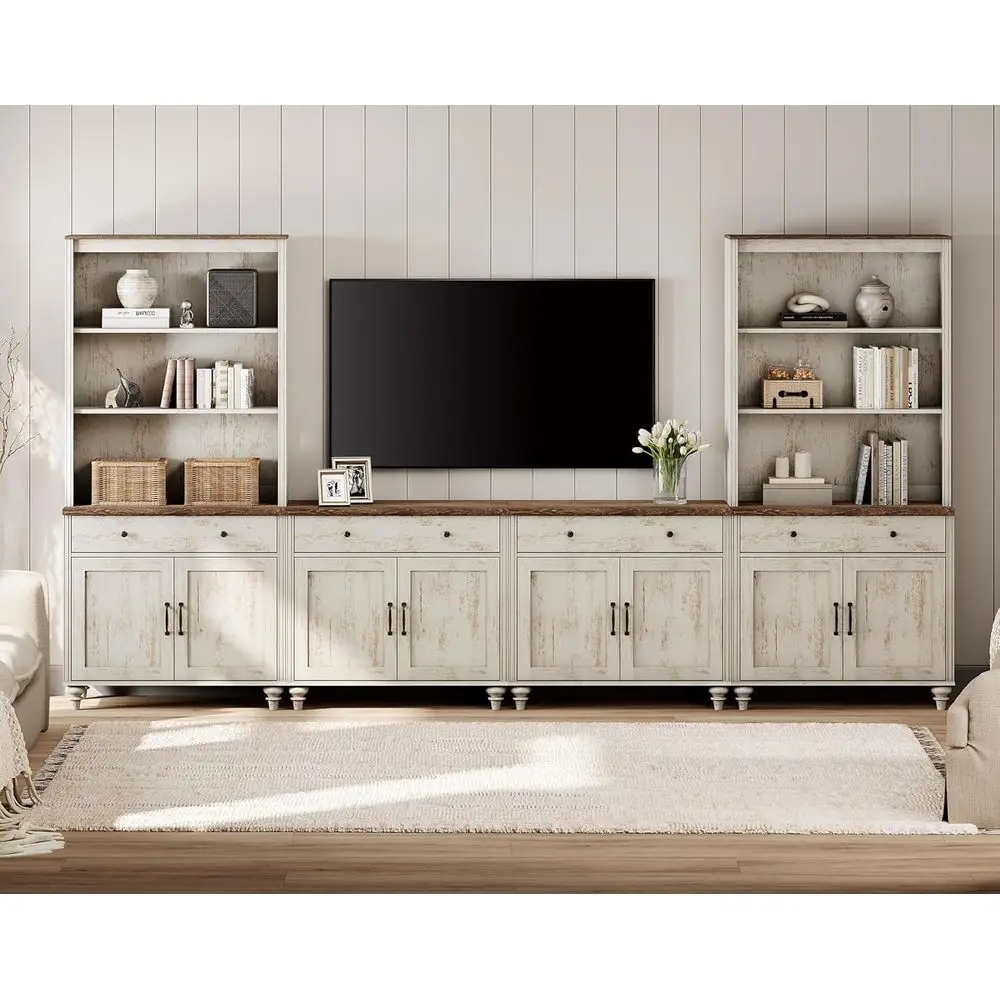 

75 TV Stand with Bookcases, Wall Unit for Living Room, Bedroom, Home Theater in Rustic White