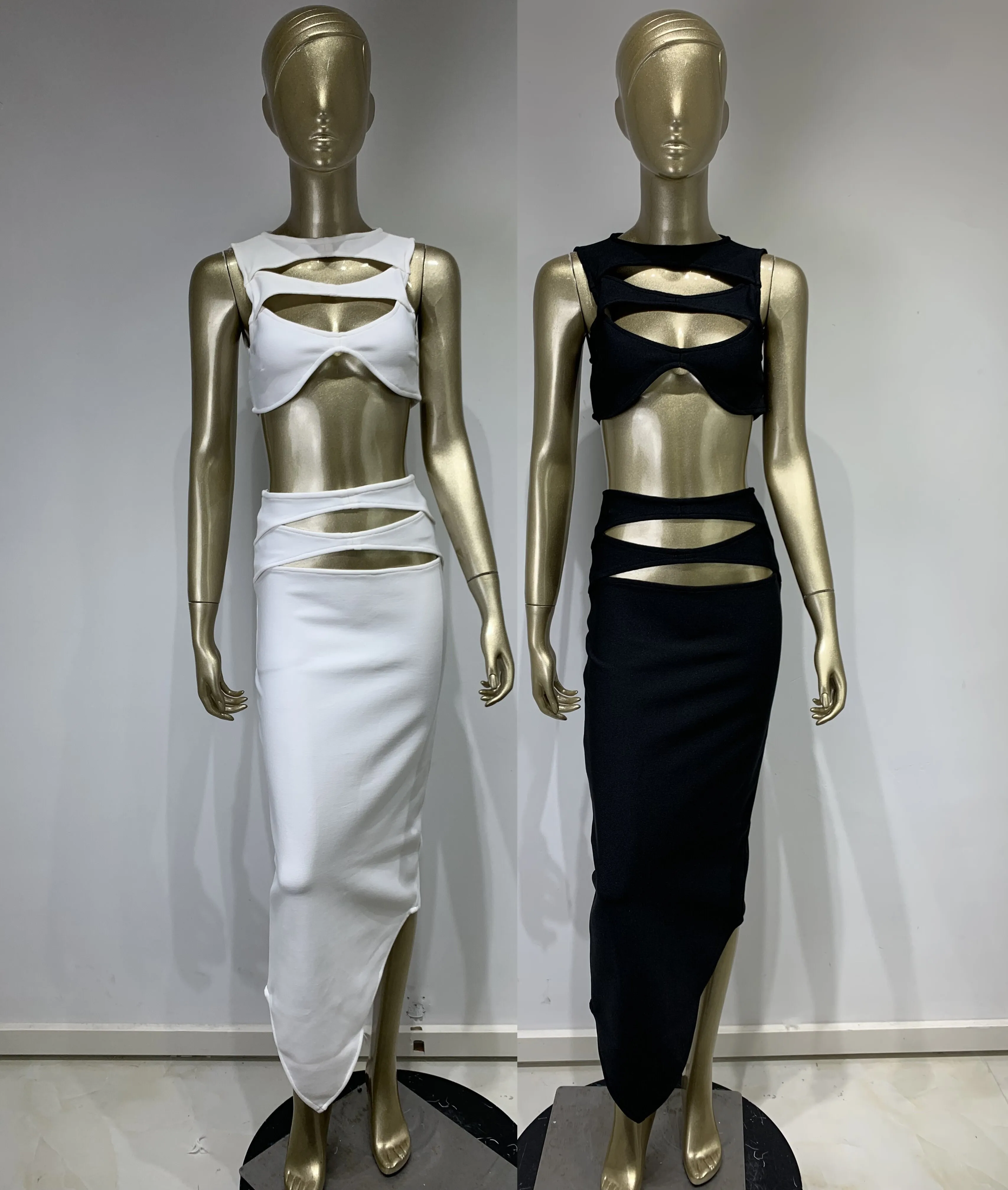 

New Bandage Two Piece Set Women Cut Out Crop Top And High Waist Skirt Sexy Evening Club Party Hotwife High Street Outfits