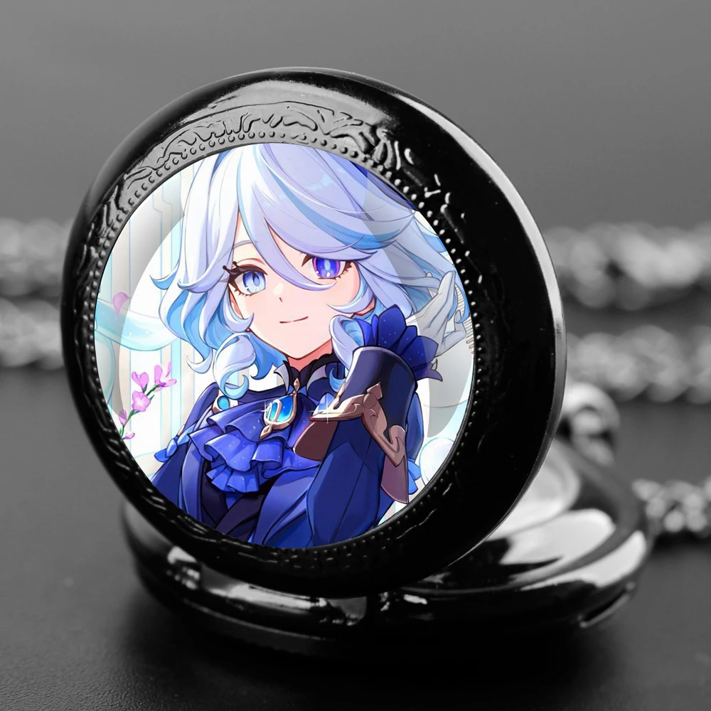 Genshin Impact-Themed Glass Dome Quartz Pocket Timepiece Equipped Wear-Resistant Chain Arabic Numeral Dial Birthday Presents