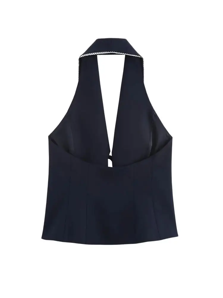 GELITAYIN Women's Chic Contrast Lace Trim Halter Neck Tank Top Sleeveless Front Tied Camisole Fashion Female Top
