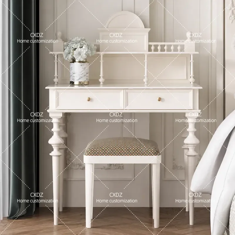 French Retro Solid Wood Dressing Table American Light Luxury High End Furniture Column Cream White Multi Functional Vanity