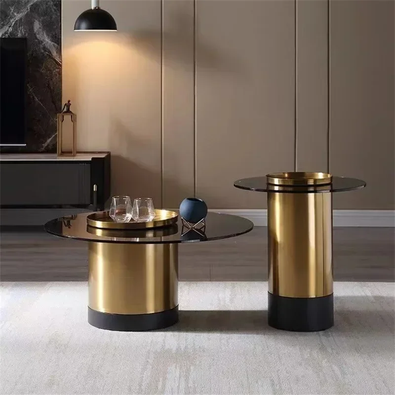 Home Furniture Glass Top Living Room Round Tables Luxury Sofa Side Center Coffee Table Set With Gold Stainless Steel Leg