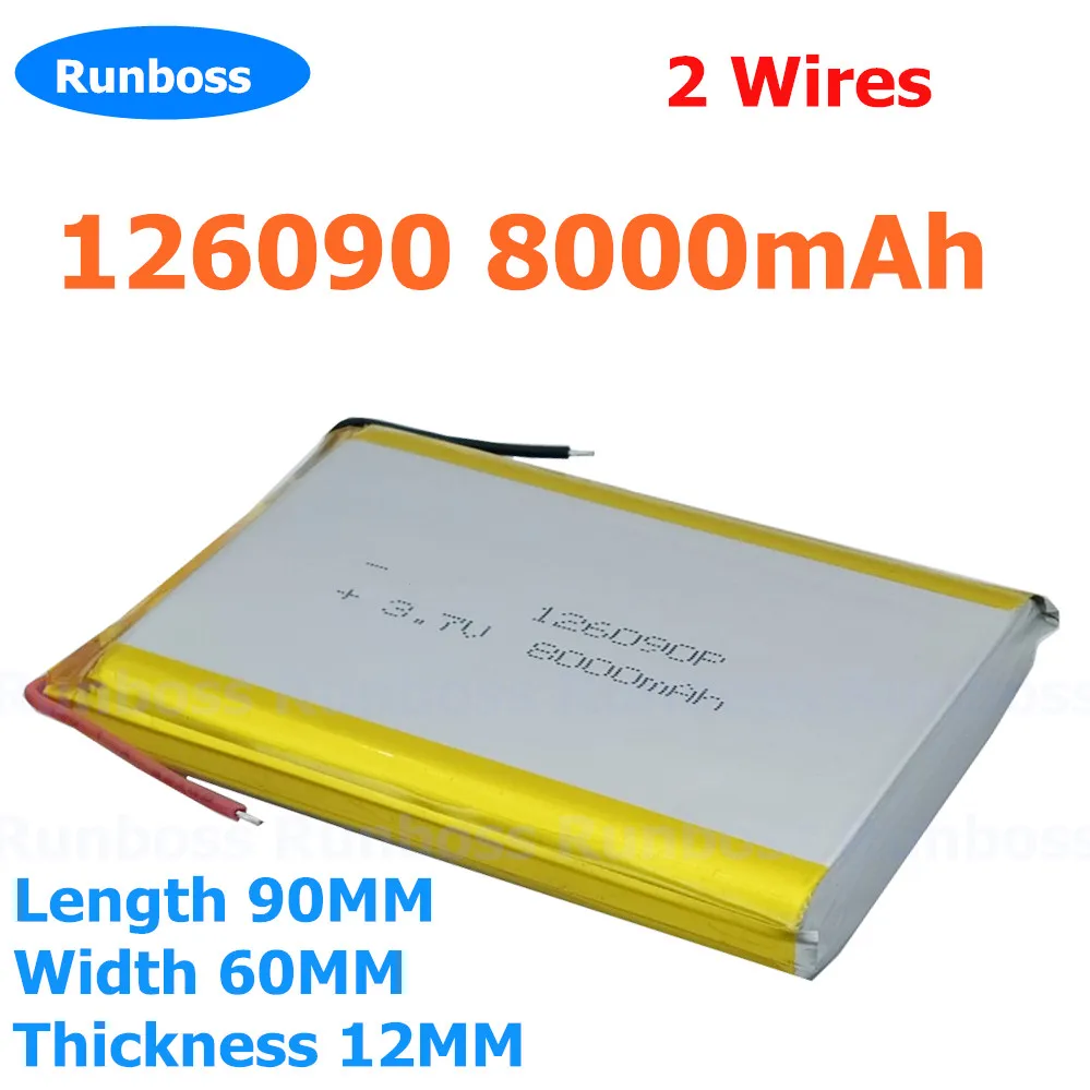 1-10PCS 126090 3.7v 8000mAh Li-ion Lipo Cells Lithium Polymer Rechargeable Battery For Speaker Portable DVD Bluetooth PSP 2-Wire