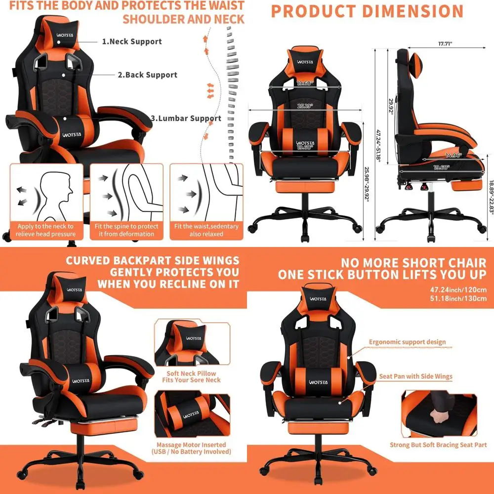 

Ergonomic Massage Gaming Chair with Lumbar Support, High-Back Comfort for PC Gaming (Black & Orange)