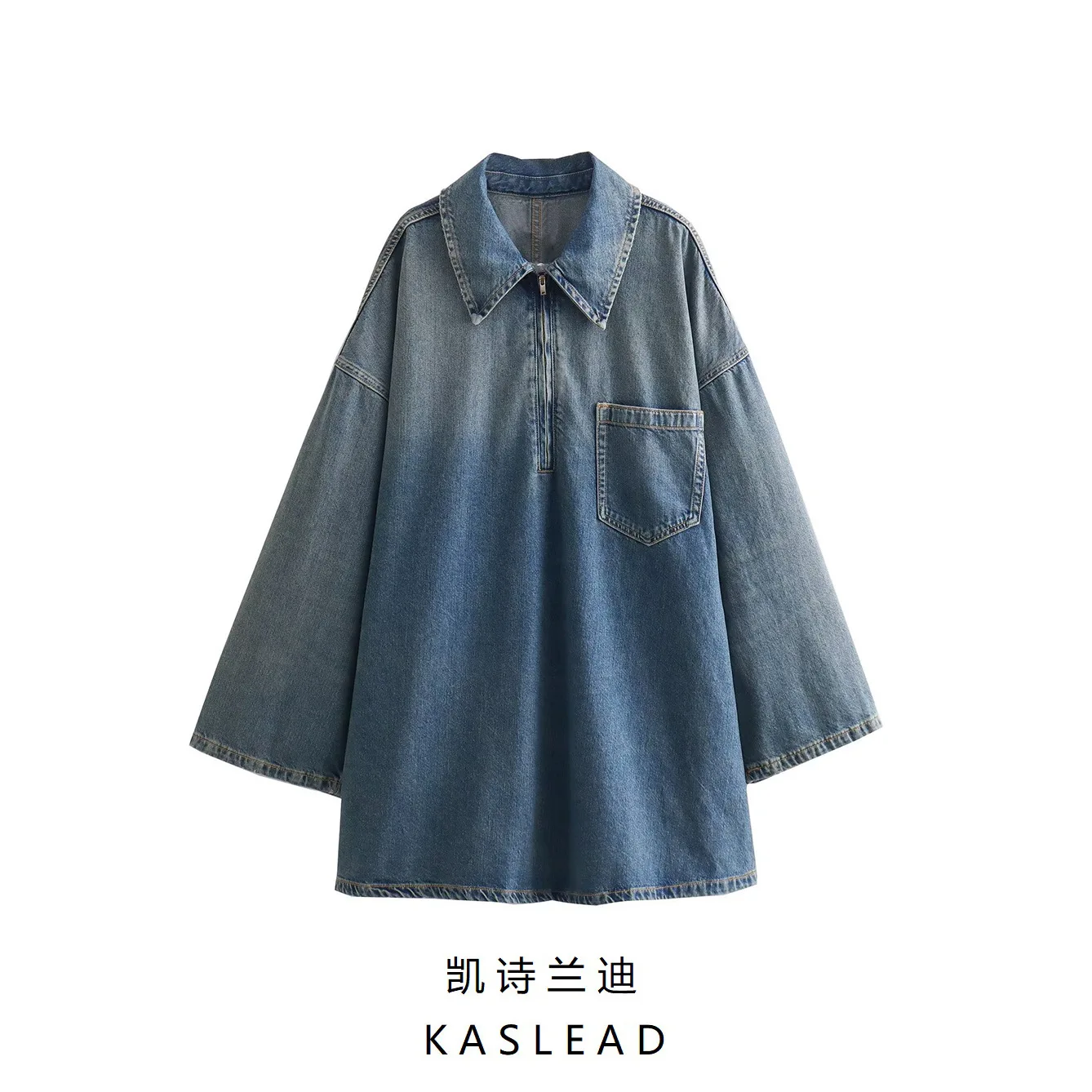 فستان نسائي قصير بأكمام طويلة من الدنيم مع جيب ، ياقة طية صدر ، سحاب أمامي ، فساتين كبيرة الحجم ، موضة نسائية