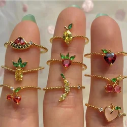 Ins Originality Small Zircon Fruits Ring For Women Female Peach Orange Pineapple Lemon Strawberry Cherry Sweet Ring Jewelry