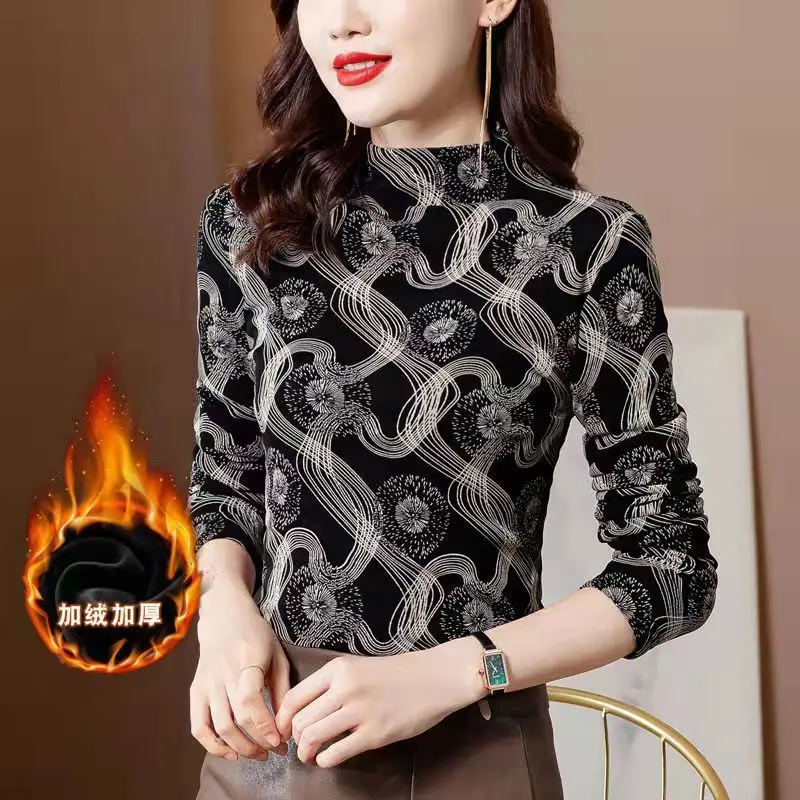 Half High Collar Lace Warm Jacket with Plush Autumn and Winter New Westernized Slim Fitting Small Shirt Printed Bottom Tops